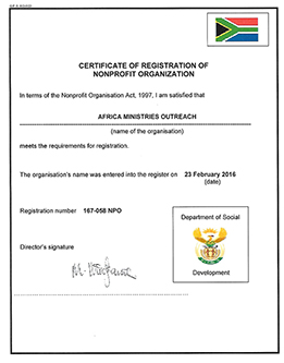 AMO - South Africa NPO Accreditation certificate